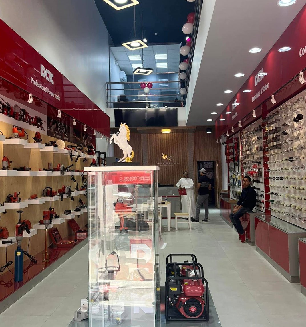 AWHT showroom â€” DCK power tools wall display